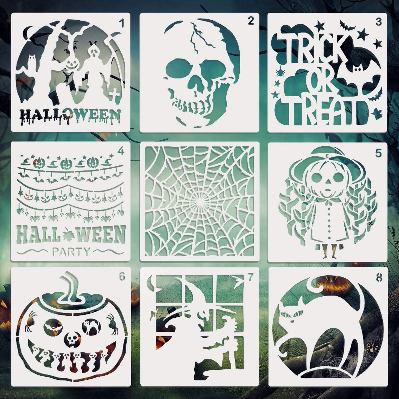 7.8 x 7.8 in Halloween Stencils 9 Pieces Template DIY(Painting)